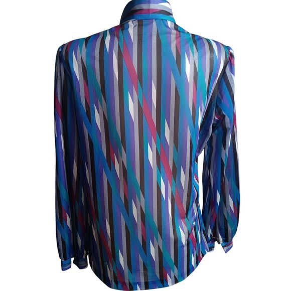12 Vintage Teddi California Sheer Striped Button-Up Blouse Tie Neck Puff Sleeves - Picture 7 of 8